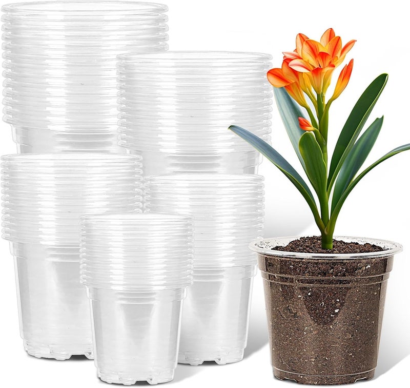 JERIA 50 Pack 3.5/4/5/6/7 Inch Clear Nursery Pots with Drainage Holes, Clear Plant Pot for Planting, Transparent Plastic Plant Pots,Durable Seed Starting Pot for Succulents - Image 1
